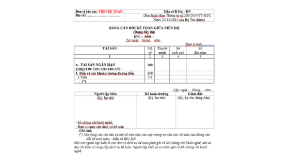 Mẫu Bảng cân đối kế toán giữa niên độ Thông tư 200 (B01a-DN)