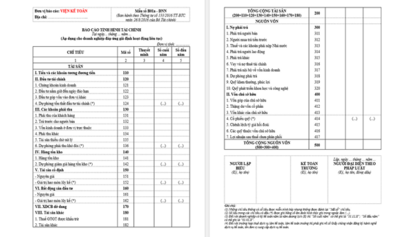 Mẫu Báo cáo tình hình tài chính Thông tư 133 (B01a-DNN)