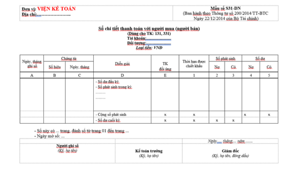 Mẫu Sổ chi tiết thanh toán với người mua (người bán) (S31-DN)