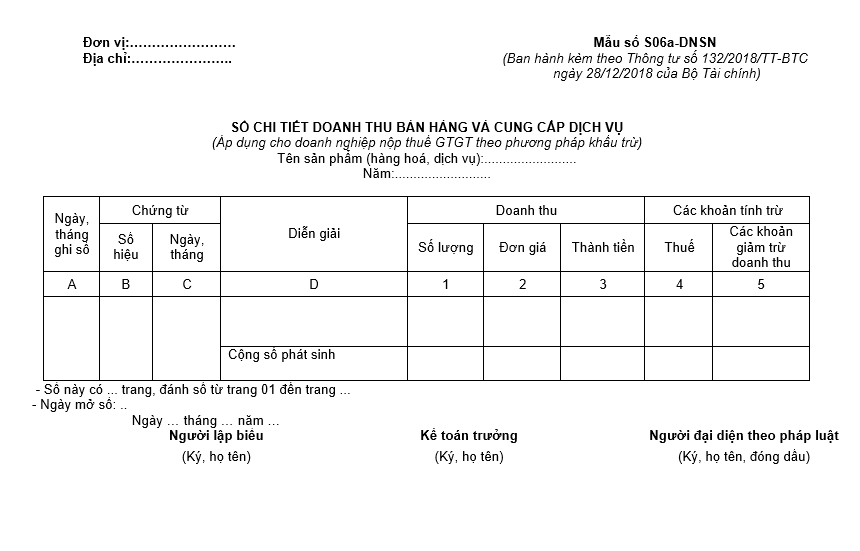 Mẫu sổ chi tiết doanh thu bán hàng và cung cấp dịch vụ áp dụng cho doanh nghiệp siêu nhỏ nộp thuế GTGT theo phương pháp khấu trừ